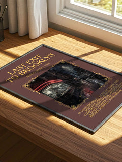 Last Exit to Brooklyn Minimalist Book Poster by Hubert Selby – print on a sunlit desk