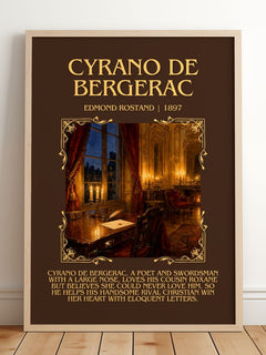 Cyrano de Bergerac Minimalist Book Poster by Edmond Rostand – framed print leaning on a wooden floor
