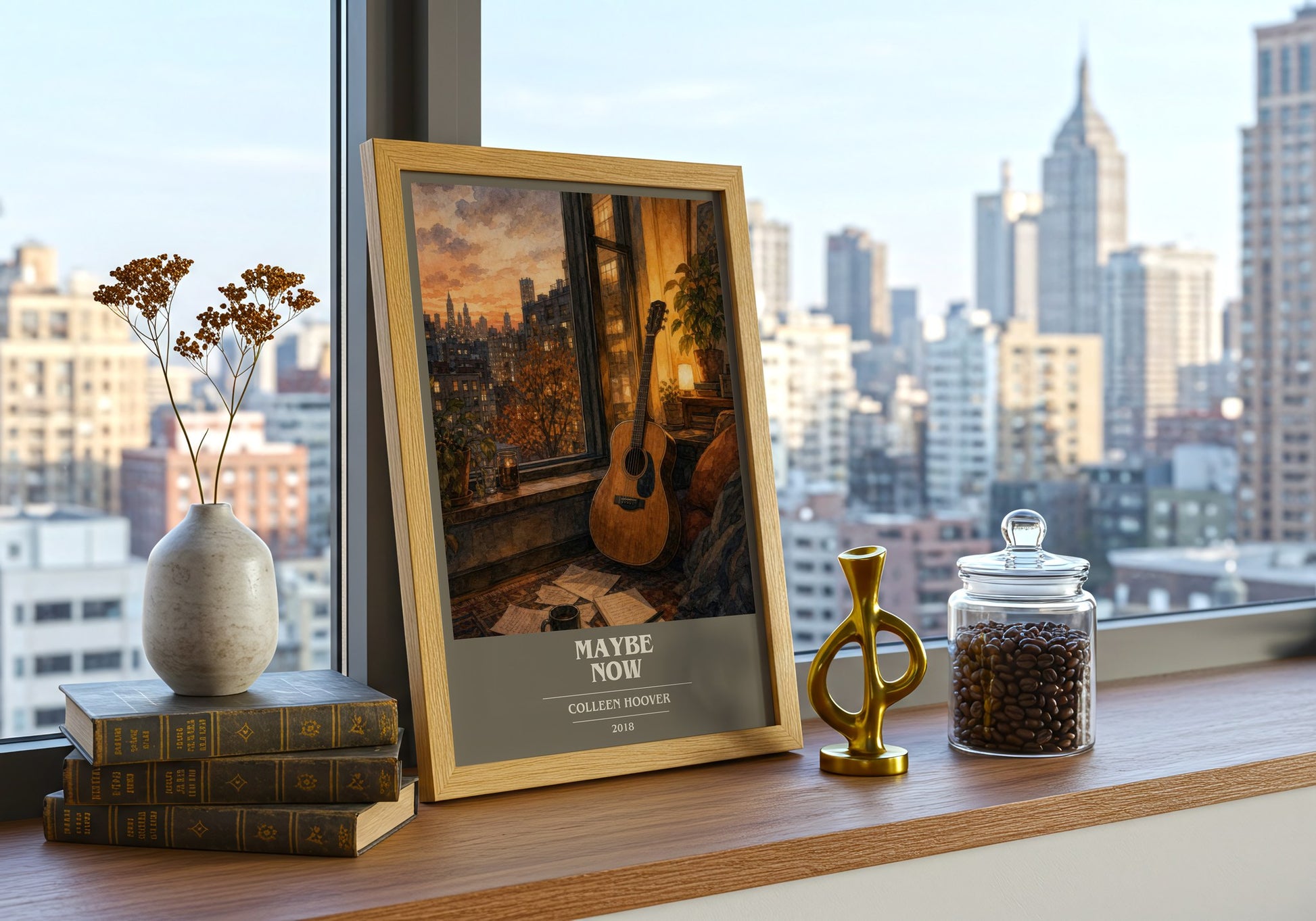 Maybe Now book cover print framed by window – literary home decor