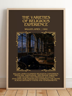 Varieties of Religious Experience Minimalist Book Poster by W. James – framed print leaning on a wooden floor