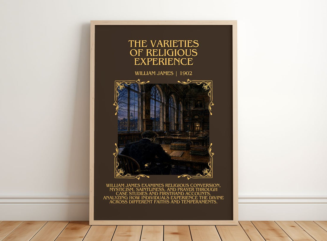 Varieties of Religious Experience Minimalist Book Poster by W. James – framed print leaning on a wooden floor
