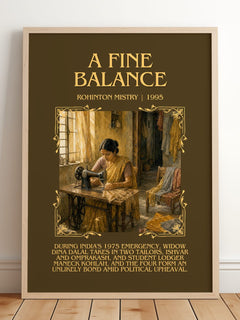 A Fine Balance Minimalist Book Poster by Rohinton Mistry – framed print leaning on a wooden floor