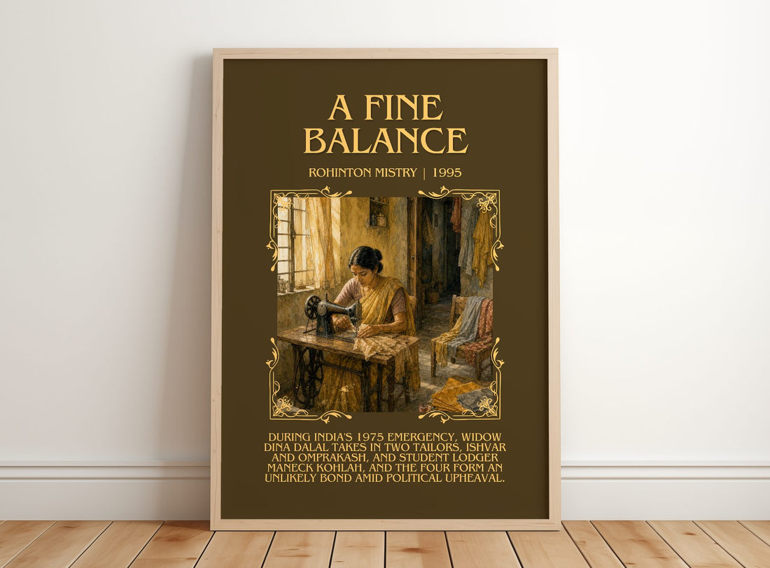 A Fine Balance Minimalist Book Poster by Rohinton Mistry – framed print leaning on a wooden floor