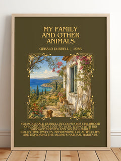 My Family And Other Animals Minimalist Book Poster by Gerald Durrell – framed print leaning on a wooden floor
