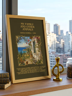 My Family And Other Animals Minimalist Book Poster by Gerald Durrell – framed print on a city-view windowsill