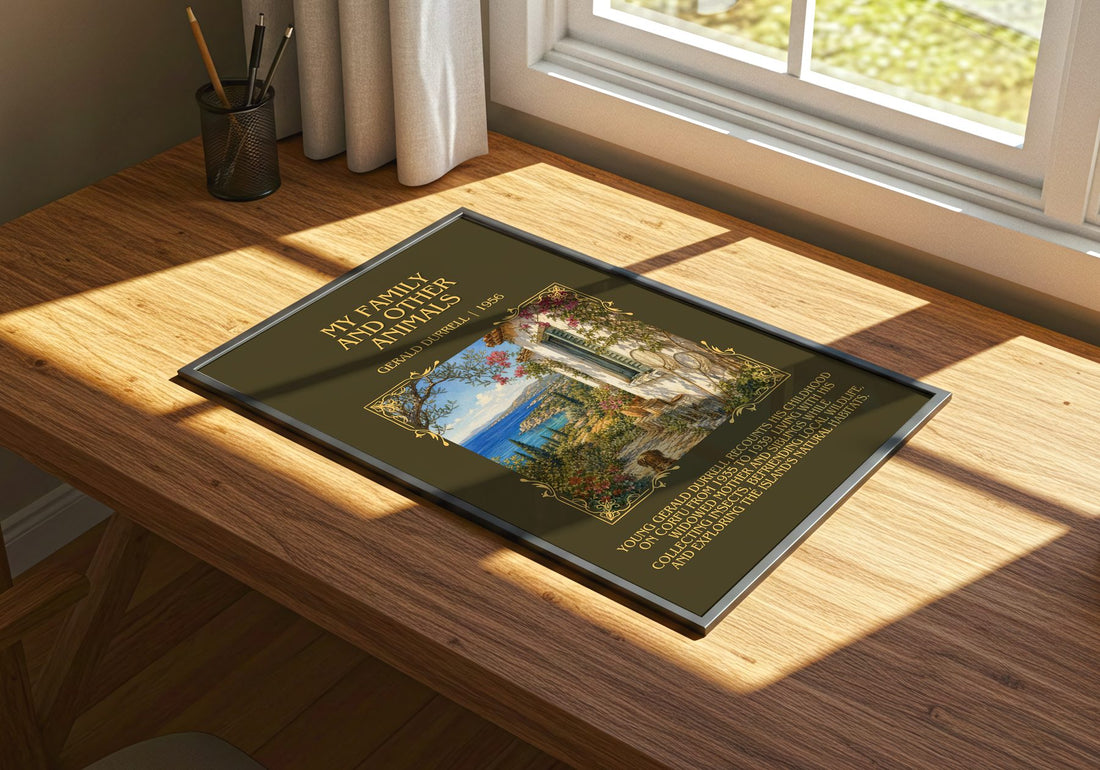 My Family And Other Animals Minimalist Book Poster by Gerald Durrell – print on a sunlit desk