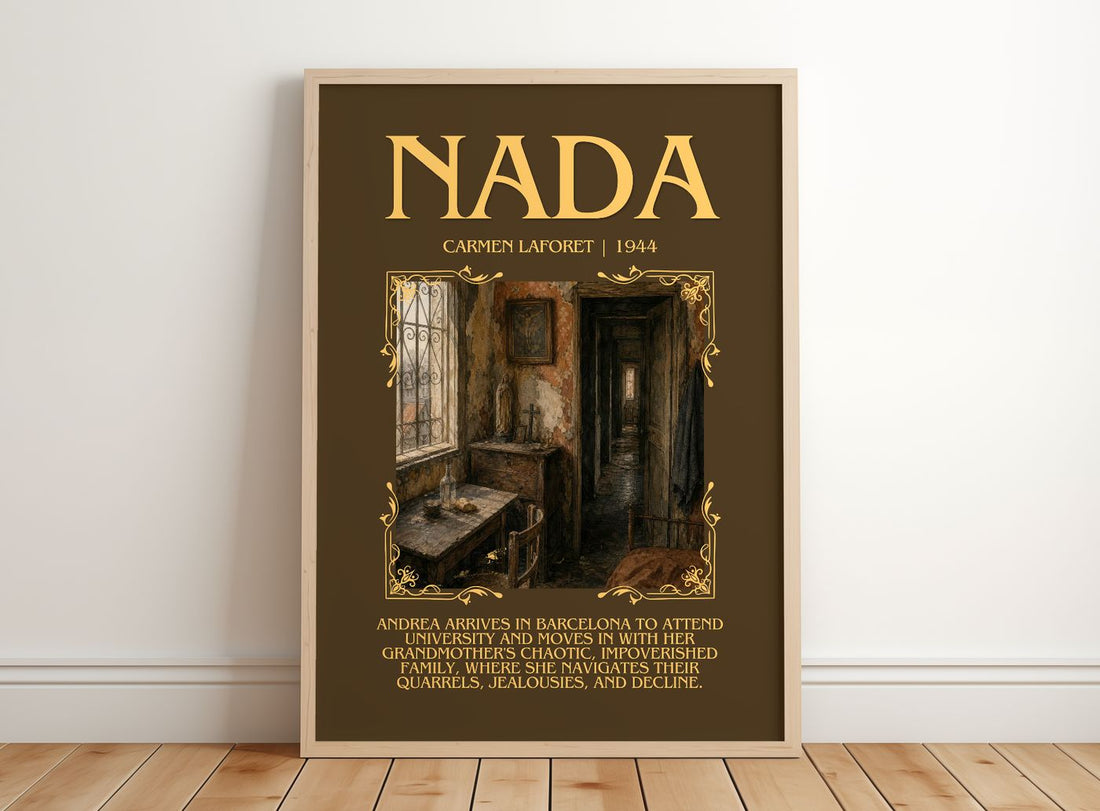 Nada Minimalist Book Poster by Carmen Laforet – framed print leaning on a wooden floor