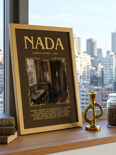 Nada Minimalist Book Poster by Carmen Laforet – framed print on a city-view windowsill