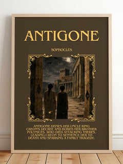 Antigone Minimalist Book Poster by Sophocles – framed print leaning on a wooden floor