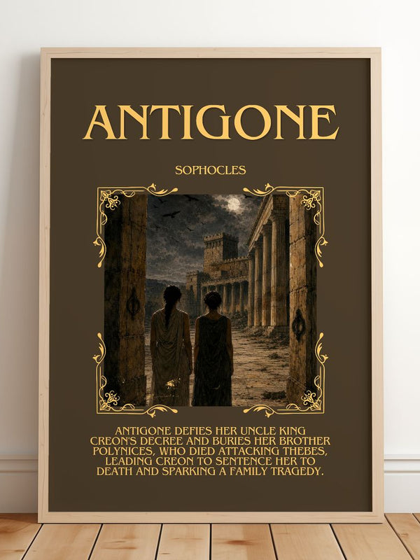 Antigone Minimalist Book Poster by Sophocles – framed print leaning on a wooden floor