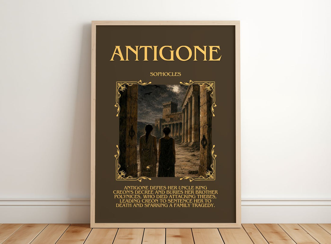 Antigone Minimalist Book Poster by Sophocles – framed print leaning on a wooden floor