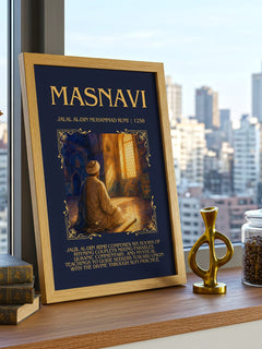 Masnavi Minimalist Book Poster by Jalal al-Din Muhammad Rumi – framed print on a city-view windowsill