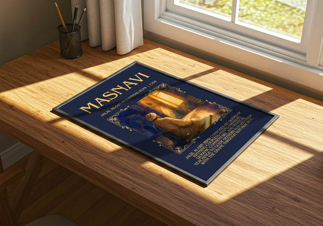 Masnavi Minimalist Book Poster by Jalal al-Din Muhammad Rumi – print on a sunlit desk