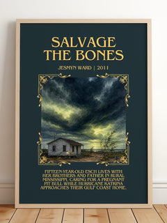 Salvage the Bones Minimalist Book Poster by Jesmyn Ward – framed print leaning on a wooden floor