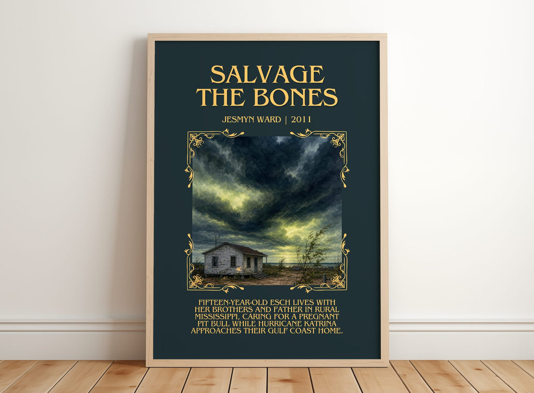 Salvage the Bones Minimalist Book Poster by Jesmyn Ward – framed print leaning on a wooden floor