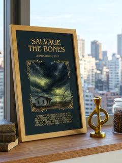 Salvage the Bones Minimalist Book Poster by Jesmyn Ward – framed print on a city-view windowsill