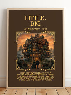 Little, Big Minimalist Book Poster by John Crowley – framed print leaning on a wooden floor