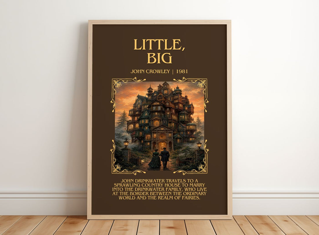 Little, Big Minimalist Book Poster by John Crowley – framed print leaning on a wooden floor
