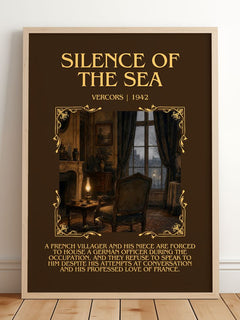 Silence of the Sea Minimalist Book Poster by Vercors – framed print leaning on a wooden floor