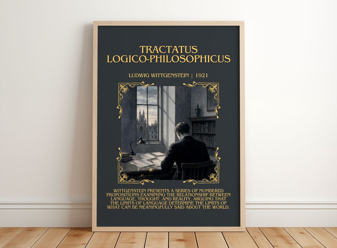 Tractatus Logico-Philosophicus Minimalist Book Poster by Ludwig Wittgenstein – framed print leaning on a wooden floor