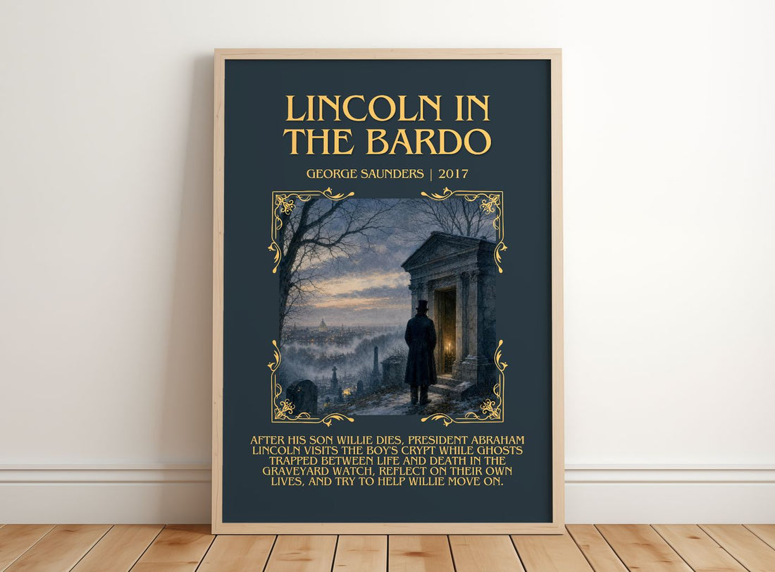 Lincoln in the Bardo Minimalist Book Poster by George Saunders – framed print leaning on a wooden floor