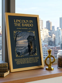 Lincoln in the Bardo Minimalist Book Poster by George Saunders – framed print on a city-view windowsill