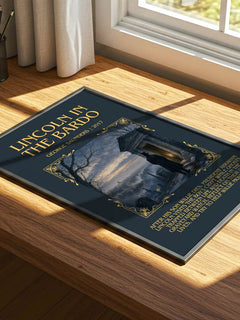 Lincoln in the Bardo Minimalist Book Poster by George Saunders – print on a sunlit desk