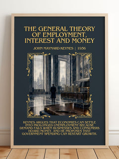The General Theory of Employment, Interest and Money Minimalist Book Poster by John Maynard Keynes – framed print leaning on a wooden floor