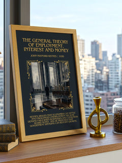 The General Theory of Employment, Interest and Money Minimalist Book Poster by John Maynard Keynes – framed print on a city-view windowsill
