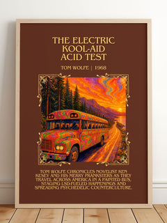 The Electric Kool-Aid Acid Test Minimalist Book Poster by Tom Wolfe – framed print leaning on a wooden floor