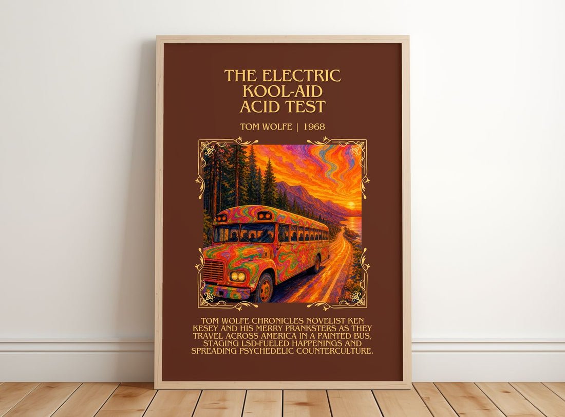 The Electric Kool-Aid Acid Test Minimalist Book Poster by Tom Wolfe – framed print leaning on a wooden floor