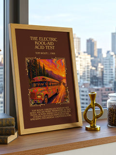 The Electric Kool-Aid Acid Test Minimalist Book Poster by Tom Wolfe – framed print on a city-view windowsill
