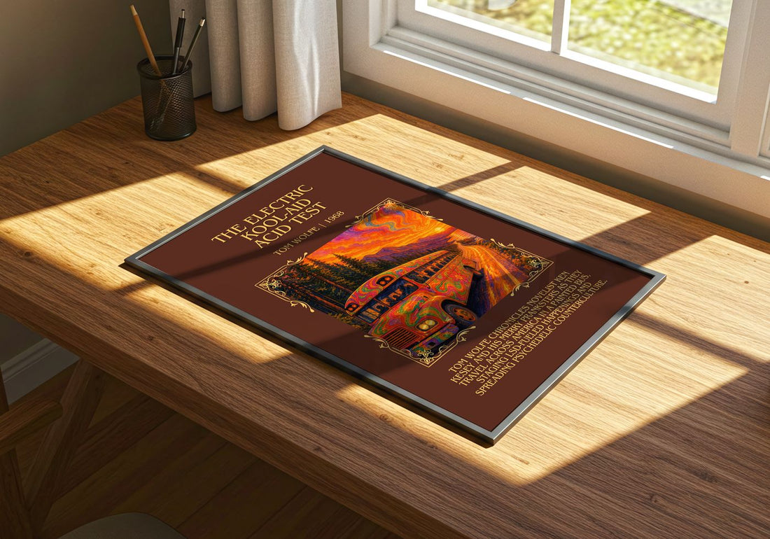 The Electric Kool-Aid Acid Test Minimalist Book Poster by Tom Wolfe – print on a sunlit desk