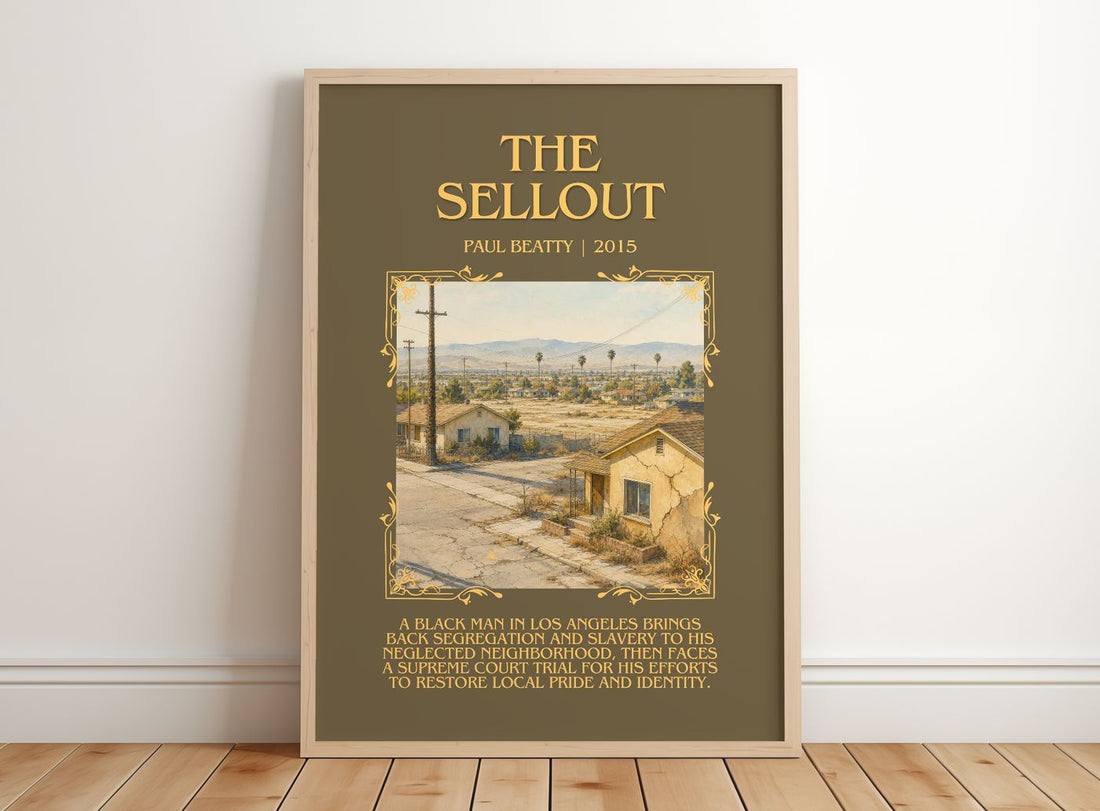 The Sellout Minimalist Book Poster by Paul Beatty – framed print leaning on a wooden floor