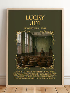 Lucky Jim Minimalist Book Poster by Kingsley Amis – framed print leaning on a wooden floor