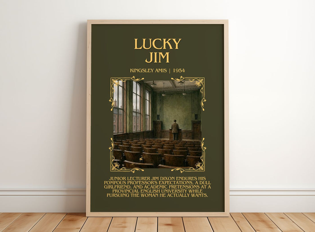 Lucky Jim Minimalist Book Poster by Kingsley Amis – framed print leaning on a wooden floor