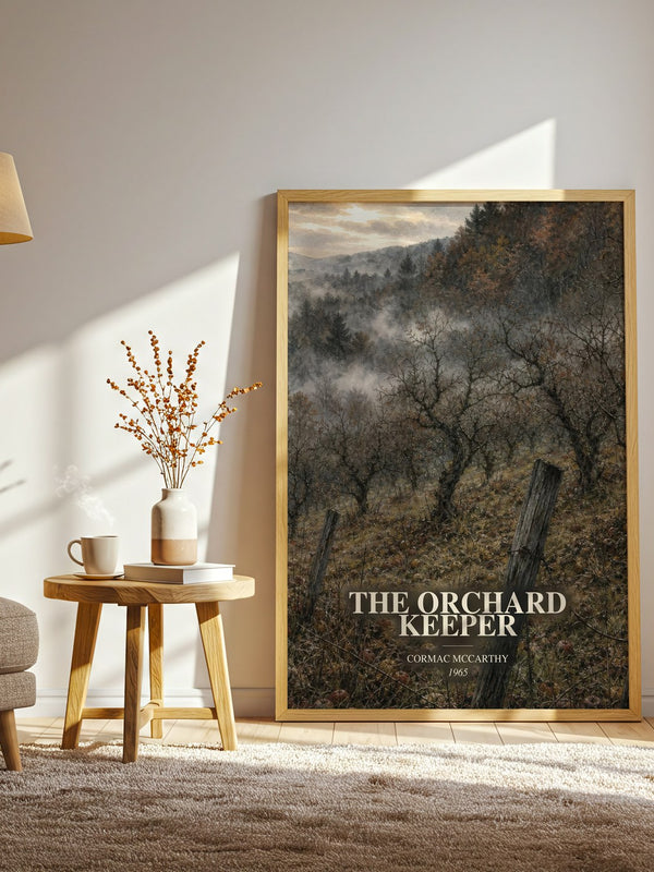 The Orchard Keeper watercolour print in frame leaning in hallway – literary fiction wall art