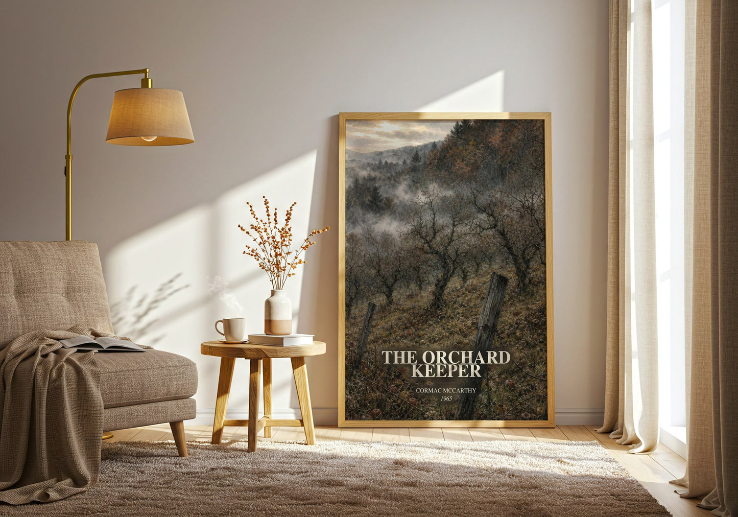 The Orchard Keeper watercolour print in frame leaning in hallway – literary fiction wall art