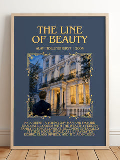 The Line of Beauty Minimalist Book Poster by Alan Hollinghurst – framed print leaning on a wooden floor