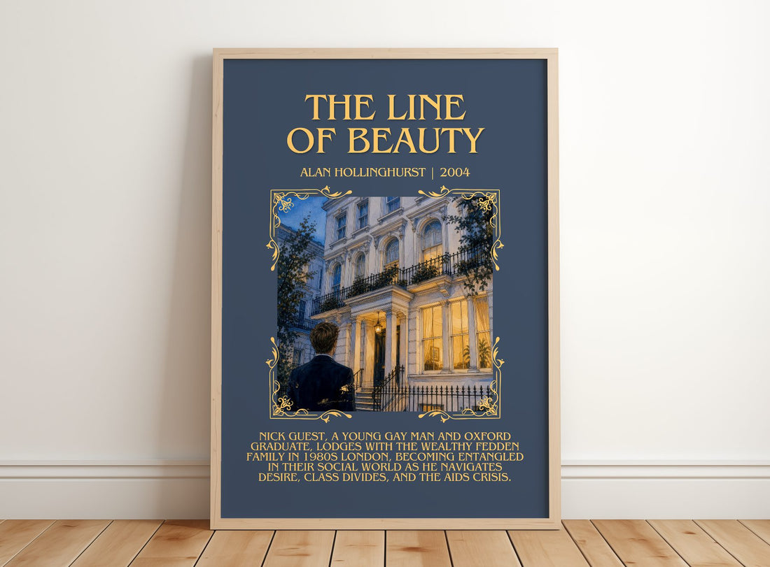 The Line of Beauty Minimalist Book Poster by Alan Hollinghurst – framed print leaning on a wooden floor
