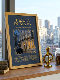 The Line of Beauty Minimalist Book Poster by Alan Hollinghurst – framed print on a city-view windowsill