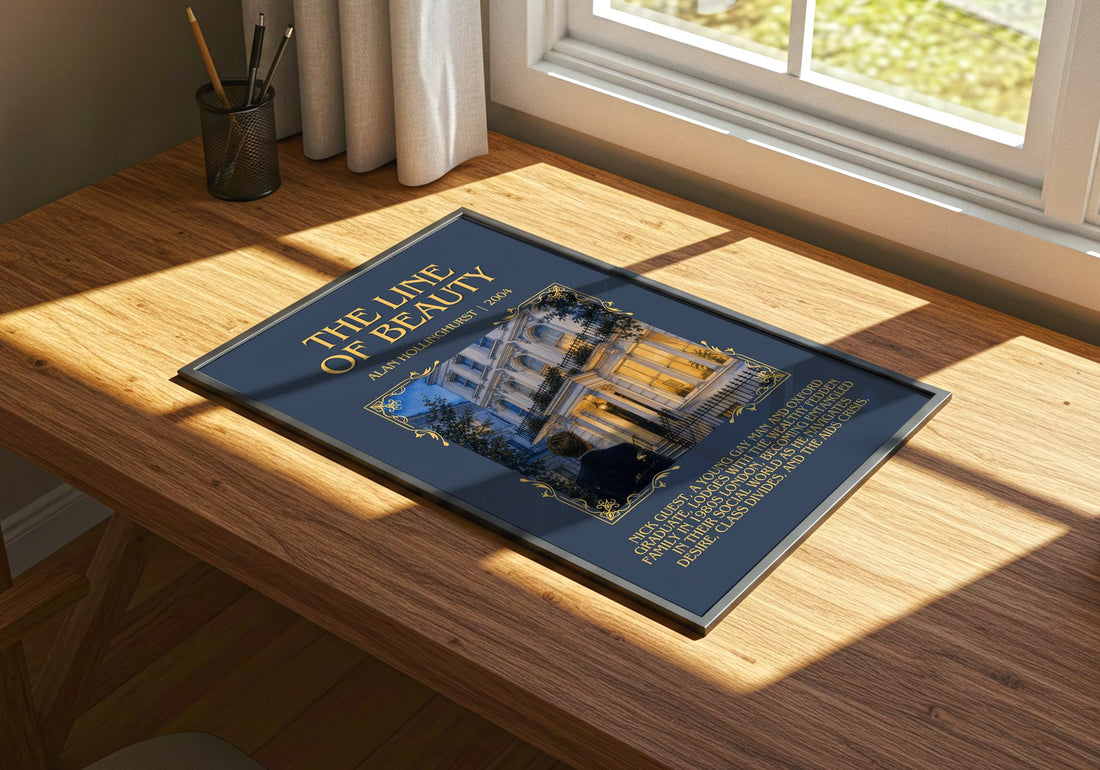 The Line of Beauty Minimalist Book Poster by Alan Hollinghurst – print on a sunlit desk