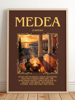 Medea Minimalist Book Poster by Euripides – framed print leaning on a wooden floor