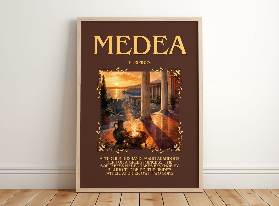 Medea Minimalist Book Poster by Euripides – framed print leaning on a wooden floor