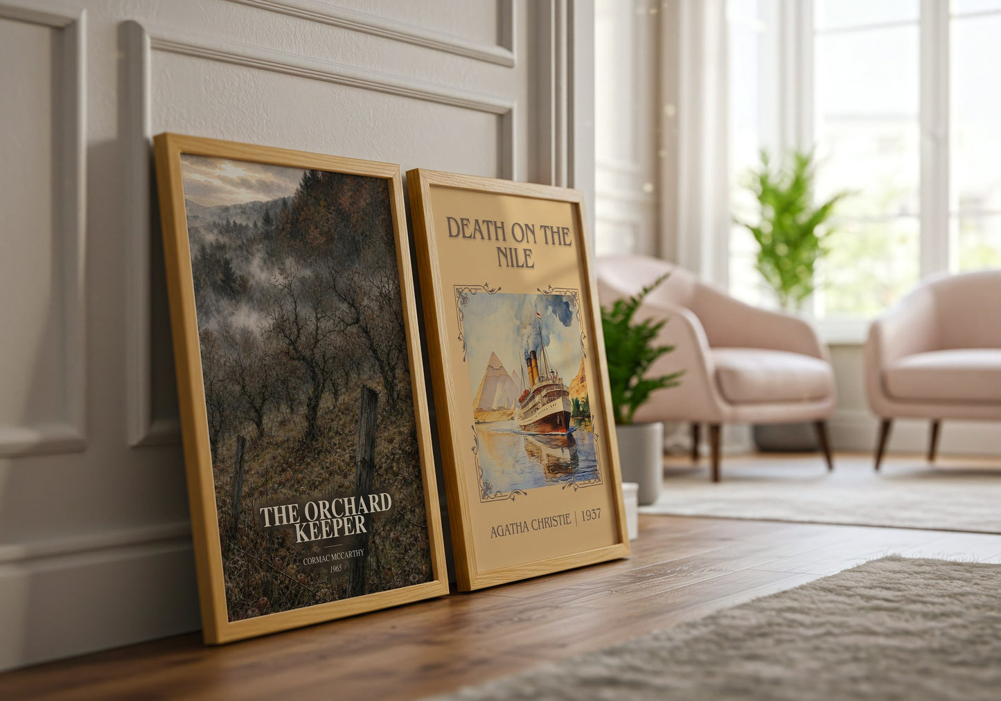The Orchard Keeper watercolour print framed by window – literary home decor