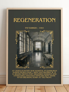 Regeneration Minimalist Book Poster by Pat Barker – framed print leaning on a wooden floor