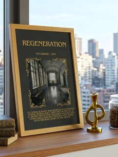 Regeneration Minimalist Book Poster by Pat Barker – framed print on a city-view windowsill