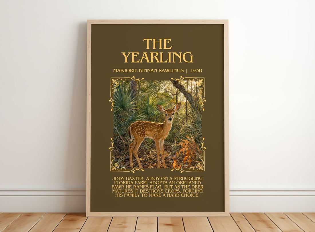 The Yearling Minimalist Book Poster by Marjorie Kinnan Rawlings – framed print leaning on a wooden floor