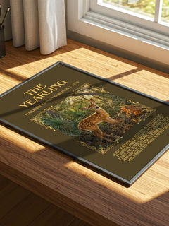 The Yearling Minimalist Book Poster by Marjorie Kinnan Rawlings – print on a sunlit desk