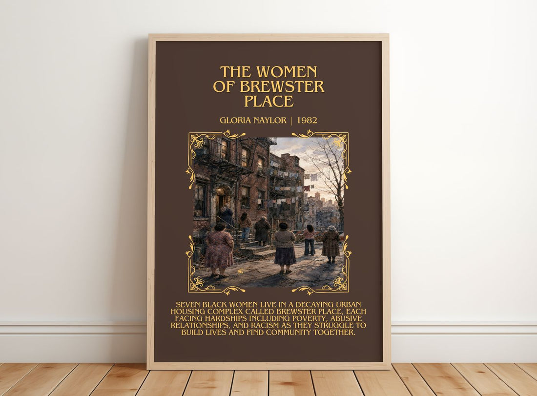 The Women of Brewster Place Minimalist Book Poster by Gloria Naylor – framed print leaning on a wooden floor